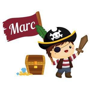 Simpatica ilÂ·lustraciÃ³ de pirata amb cofre del tresor i una bandera on es pot personalitzar el nom del nen, escriu-lo a l'apartat de descripciÃ³ del producte i te'l farem arribar a casa totalment personalitzat!